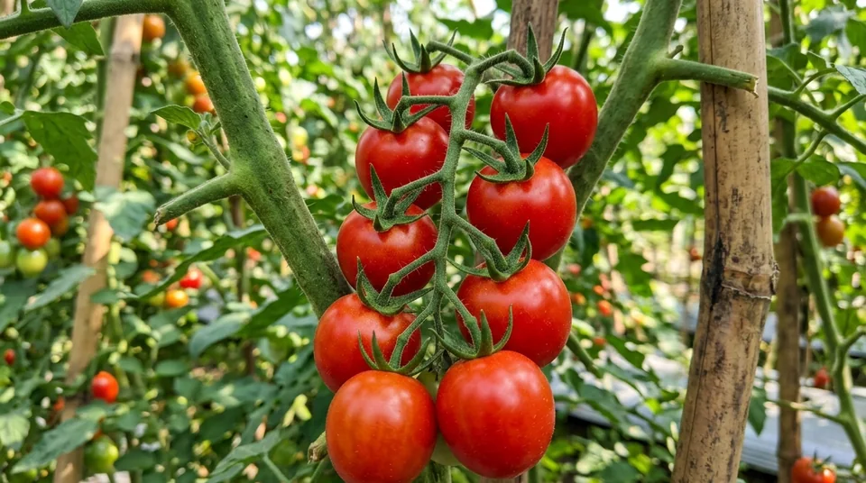 Close-up makro dompolan tomat merah mengkilap dengan kulit mulus tebal tanpa cacat