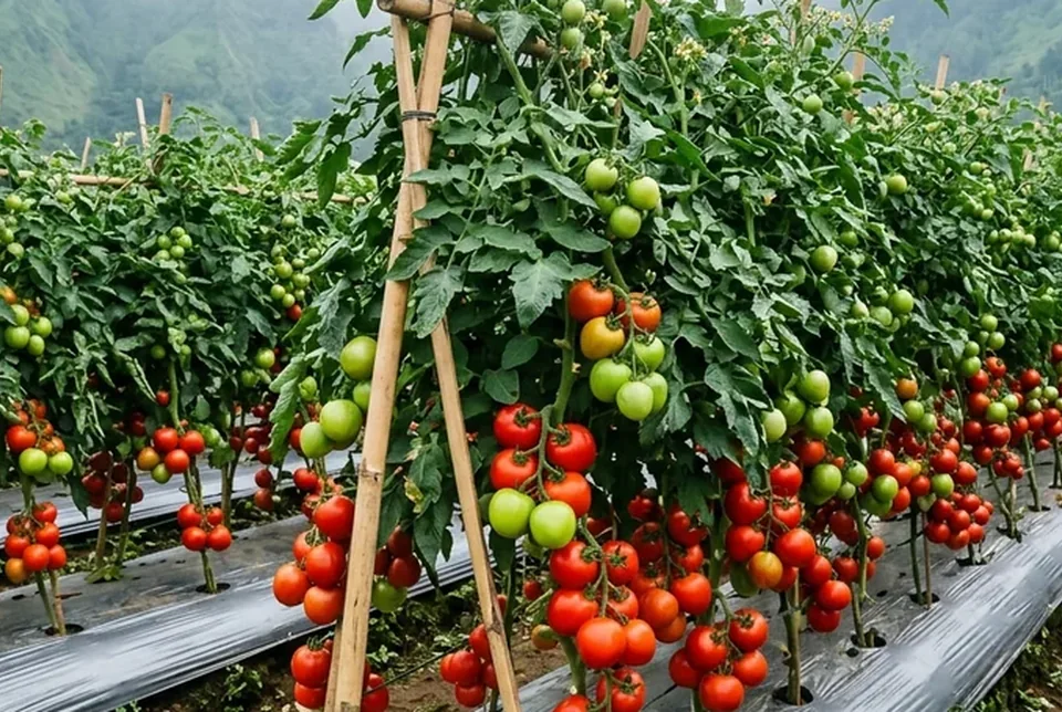 Dompolan buah tomat hijau dan merah dengan ujung bawah bulat mulus bebas busuk pantat