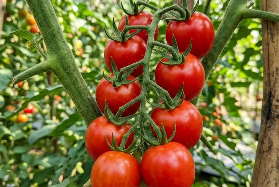 Tandan bunga dan pentil buah tomat yang tebal kokoh menempel rapat di batang