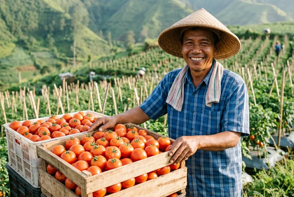 Krat panen penuh buah tomat merah menyala mengkilap berukuran besar seragam
