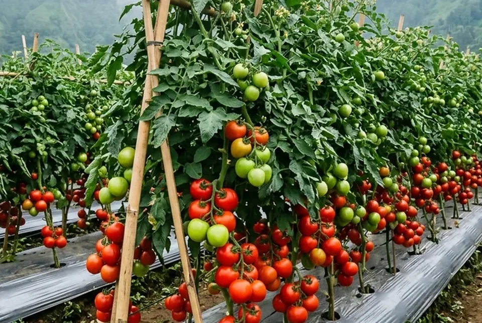 Dompolan buah tomat merah segar menggantung rapat pada batang tanaman