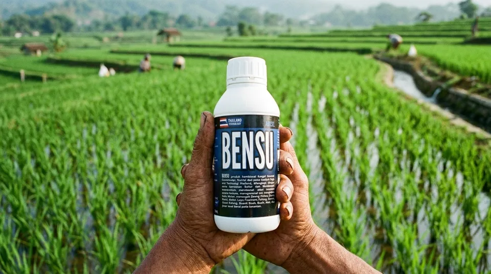 Botol Pupuk Organik Cair BENSU di Lahan Persawahan Subur Hijau