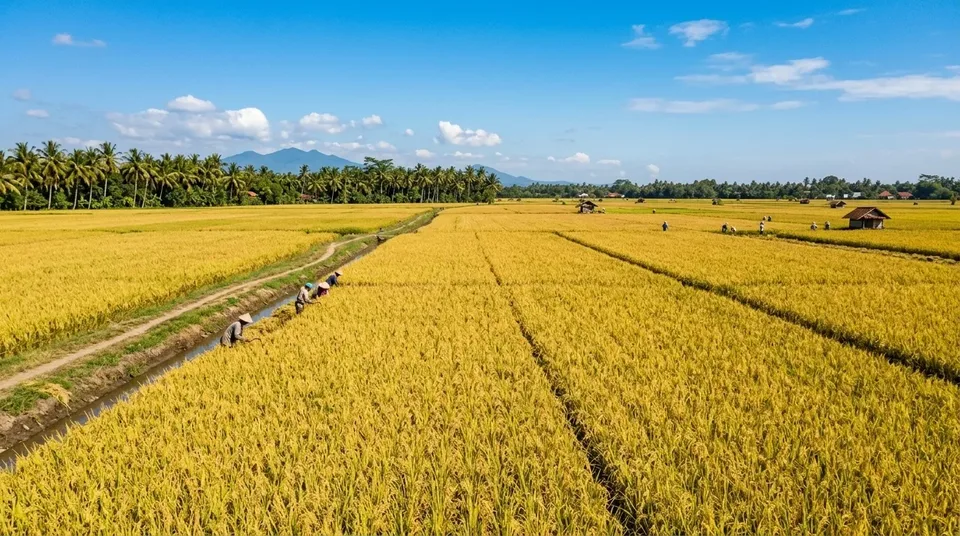 Foto panorama hamparan sawah padi hijau subur membentang bebas asem-aseman