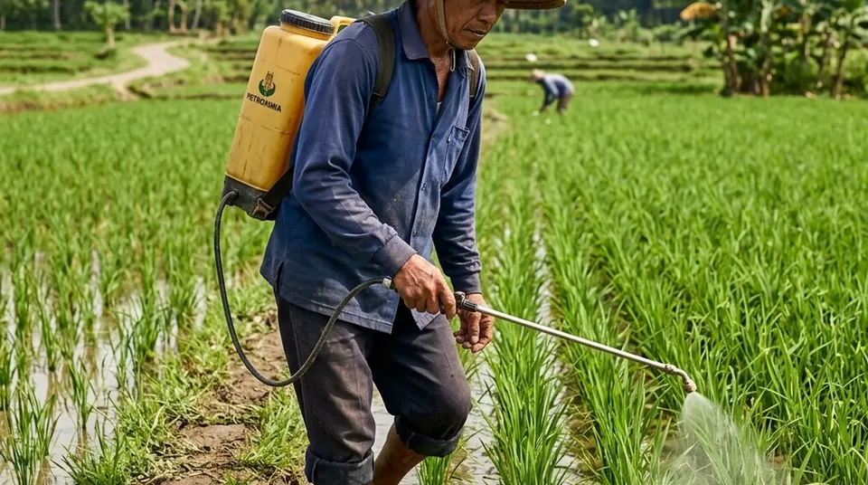 Petani menyemprot kabut nutrisi dingin BENSU di pematang sawah pagi hari