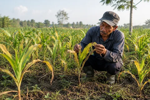 Dokumentasi tanaman jagung bebas bulai daun hijau pekat tegap kaku sehabis semprot BENSU