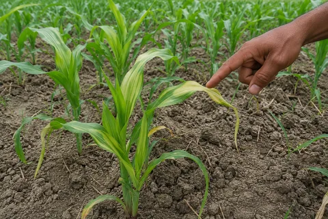 Kondisi jagung kerdil daun putih bergaris kena jamur bulai