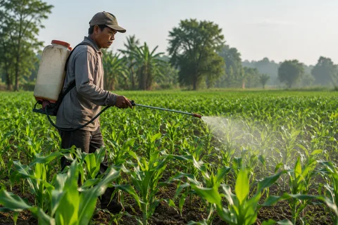 Petani menyemprot kabut tipis di kebun jagung pagi hari
