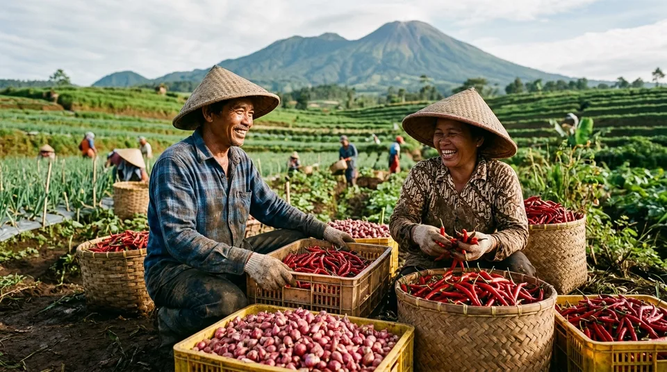 Foto petani di samping tanaman cabai lebat berbuah merah mengkilap kualitas super