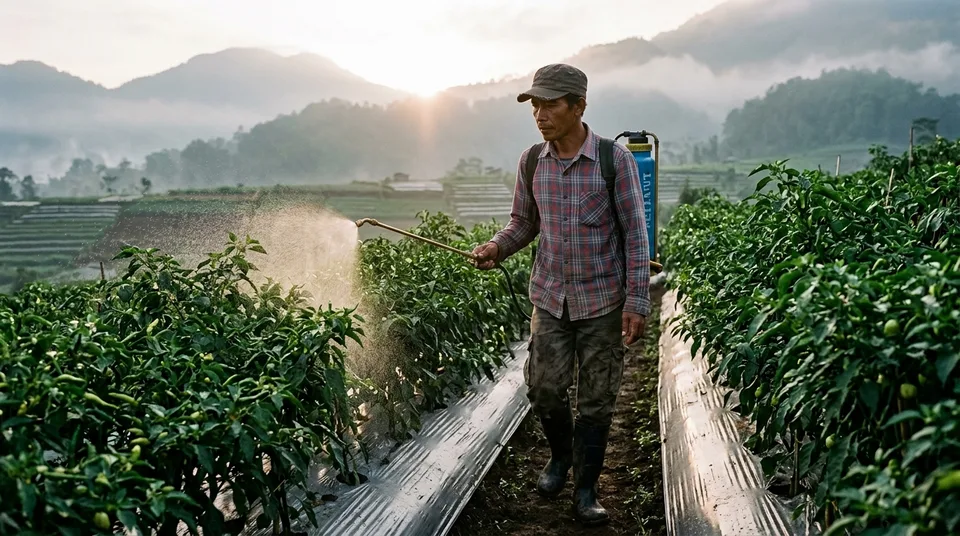Petani menyemprot kabut halus larutan Kojien di bedengan tanaman pada pagi hari teduh