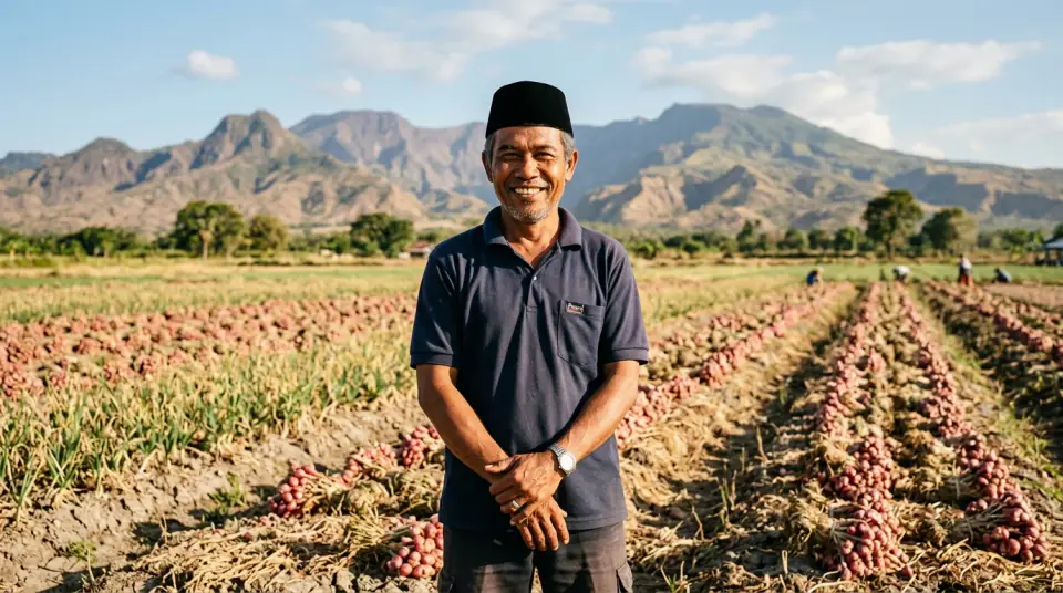 Dokumentasi Pak H. Hasanuddin di kebun bawang merah Bima yang tegak subur bebas moler di Woha Bima NTB