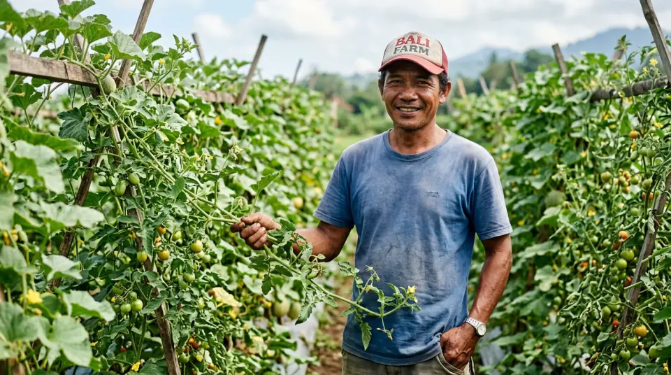 Dokumentasi Pak Ketut Subawa dengan tanaman tomat dan melon yang sehat dan bebas busuk daun di Baturiti Bali