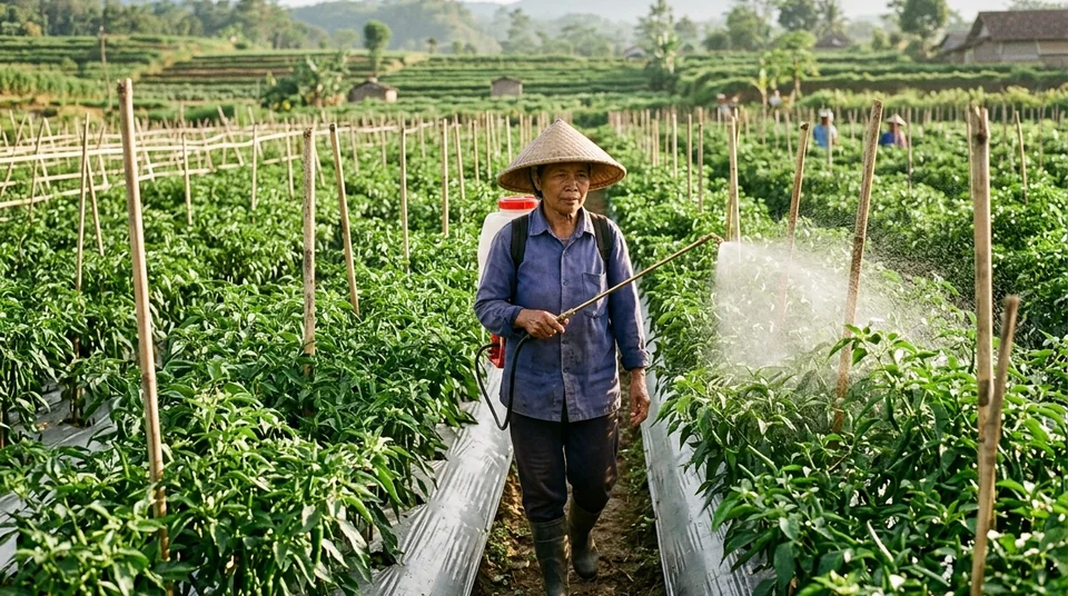 Petani cabai menyemprotkan Kojien mengarah ke balik daun bawah untuk perisai thrips