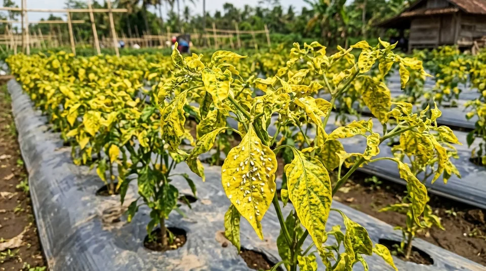 Koloni kutu kebul putih di balik daun cabai yang memicu keriting kuning virus gemini