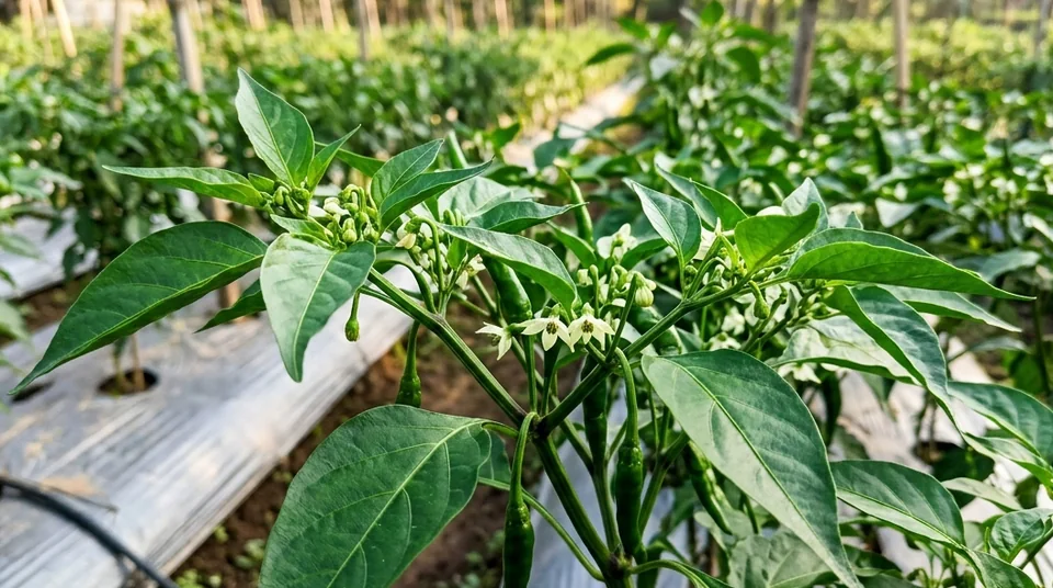Hamparan kebun cabai di dataran tinggi dengan tajuk daun hijau tua mulus serempak