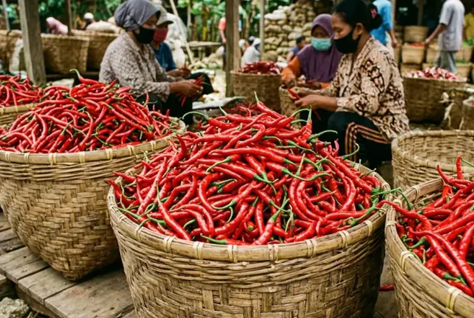 Percabangan cabai sehat penuh bunga putih dan buah cabai mulus tanpa keriting