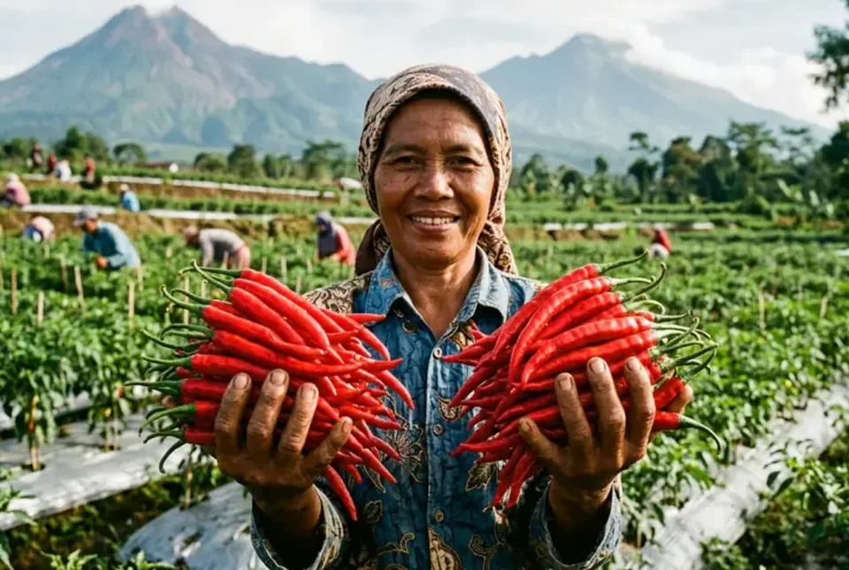 Rumpun tanaman cabai berdaun hijau lebar dengan buah cabai merah dan hijau lebat