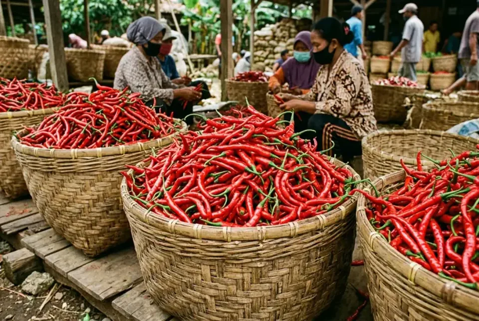Keranjang dan karung penuh hasil panen cabai merah mulus bebas cacat hama