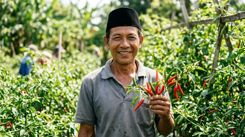 Pak Mulyono di Kediri bersama tanaman cabai rawit yang sehat bebas keriting bule