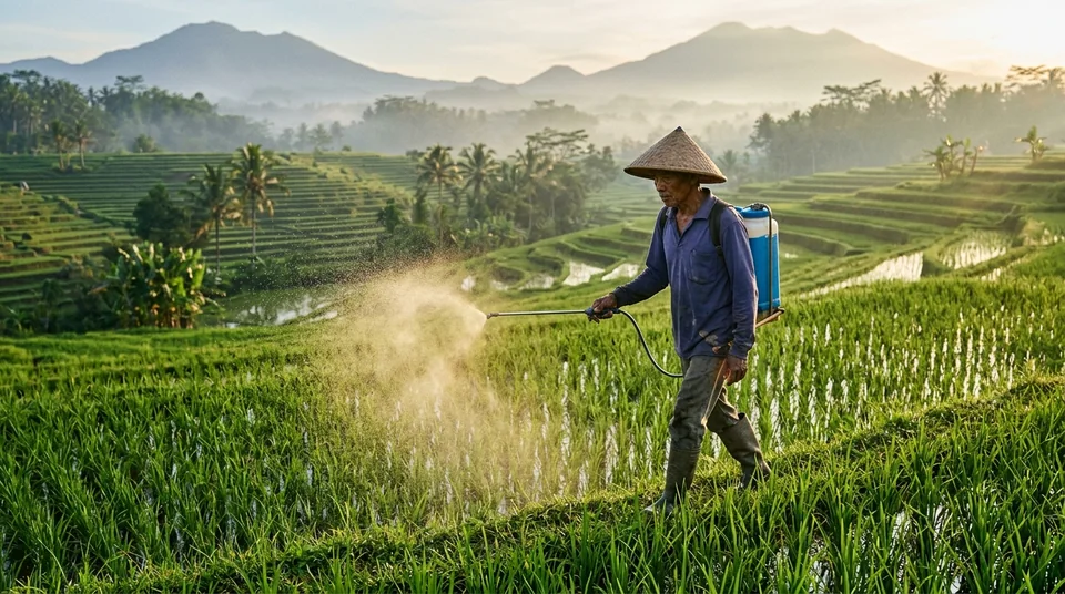 Petani padi menyemprotkan Kojien di sawah saat fase bunting padi