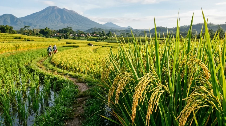 Hamparan sawah padi menguning keemasan dengan daun bendera tetap hijau segar saat panen raya