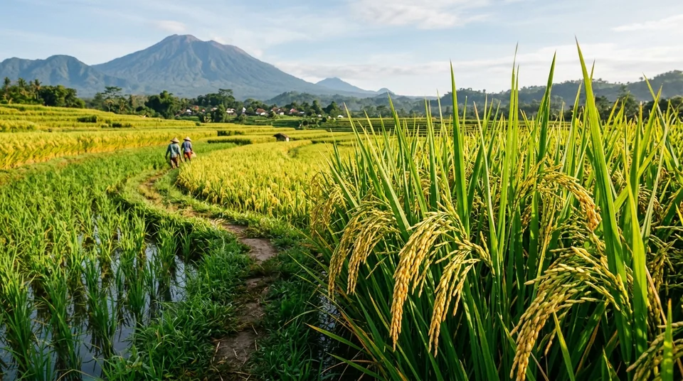 Sawah dengan Kojien daun bendera tetap hijau segar dan malai kuning merunduk berat