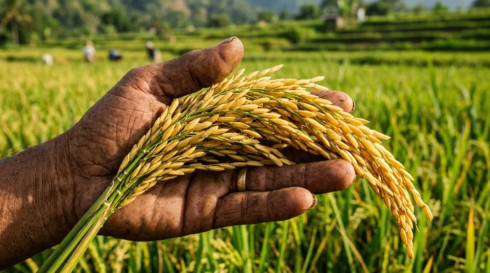 Detail makro daun bendera hijau segar dan bulir gabah bernas kuning bersih bebas bercak