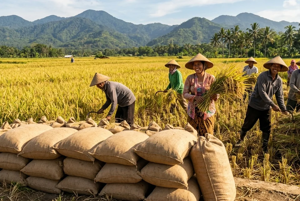 Tangan petani memegang malai padi kuning keemasan yang bernas penuh sampai ke pangkal