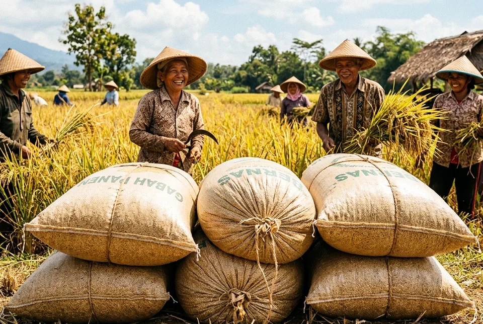 Bulir gabah padi bernas kuning bersih mengkilap di tangan petani