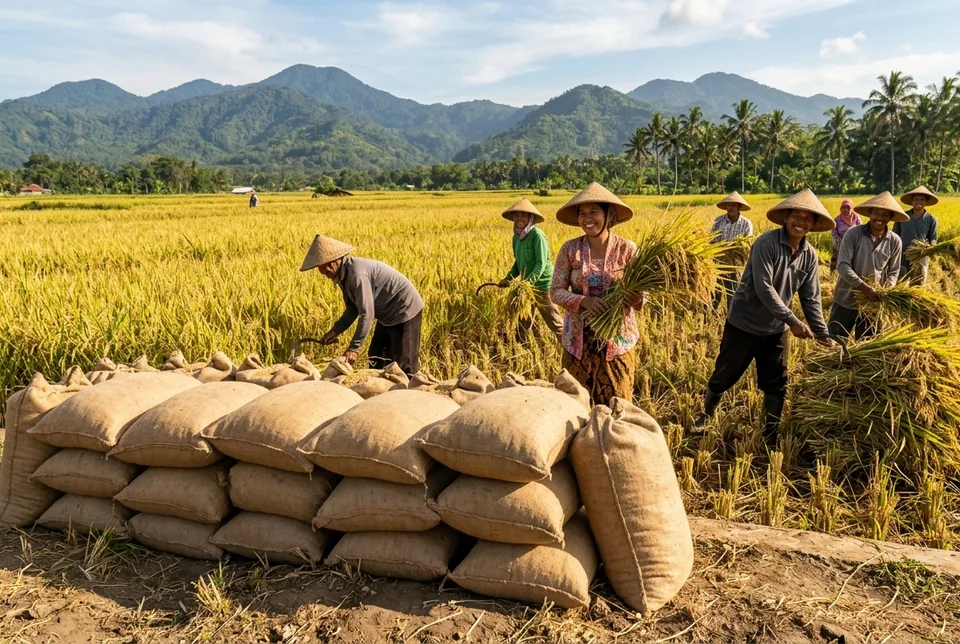 Barisan karung gabah kering panen penuh padat di pematang sawah