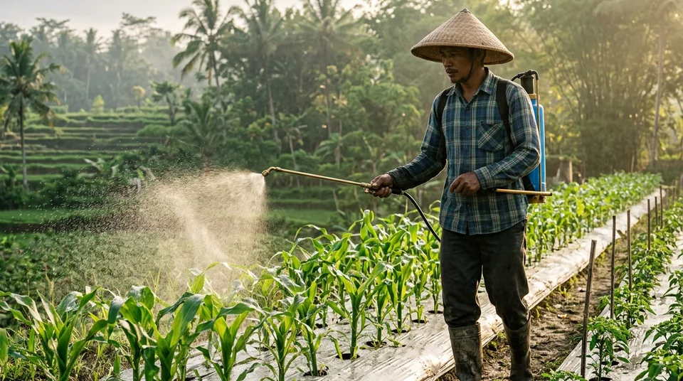 Petani menyemprot KOJIEN pada tanaman jagung dan cabai di lahan