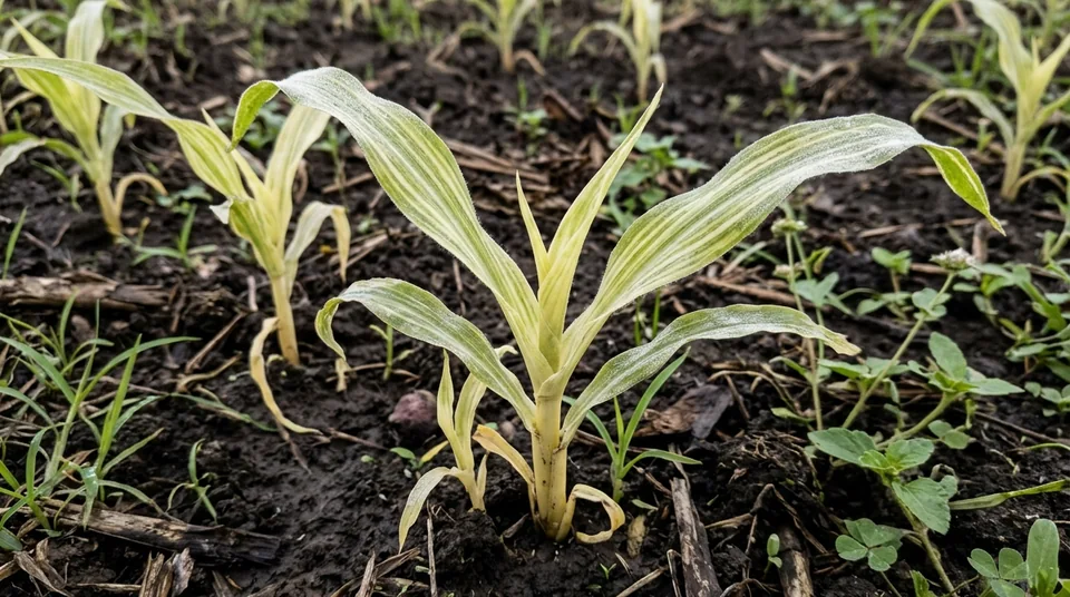 Daun jagung muda klorosis bergaris putih kuning terkena bule bulai Peronosclerospora dan tongkol kosong
