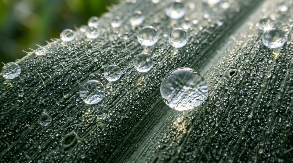 Foto makro daun jagung dan cabai berlapis kristal Nano-Silika KOJIEN menolak butiran air hujan