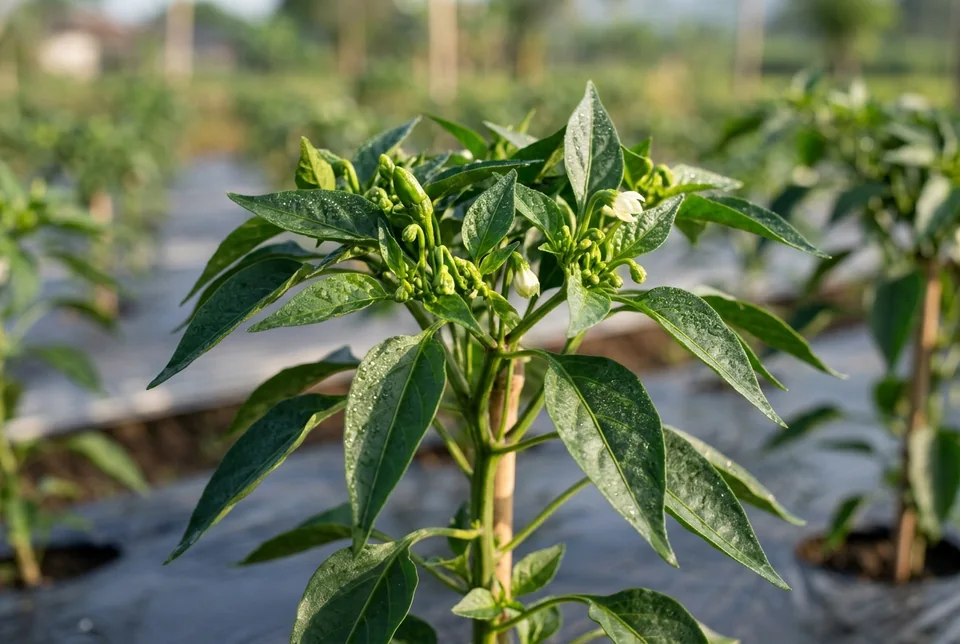 Tanaman cabai umur 40 HST pucuk daun mekar mulus kaku tahan keriting Thrips dan Kutu Kebul