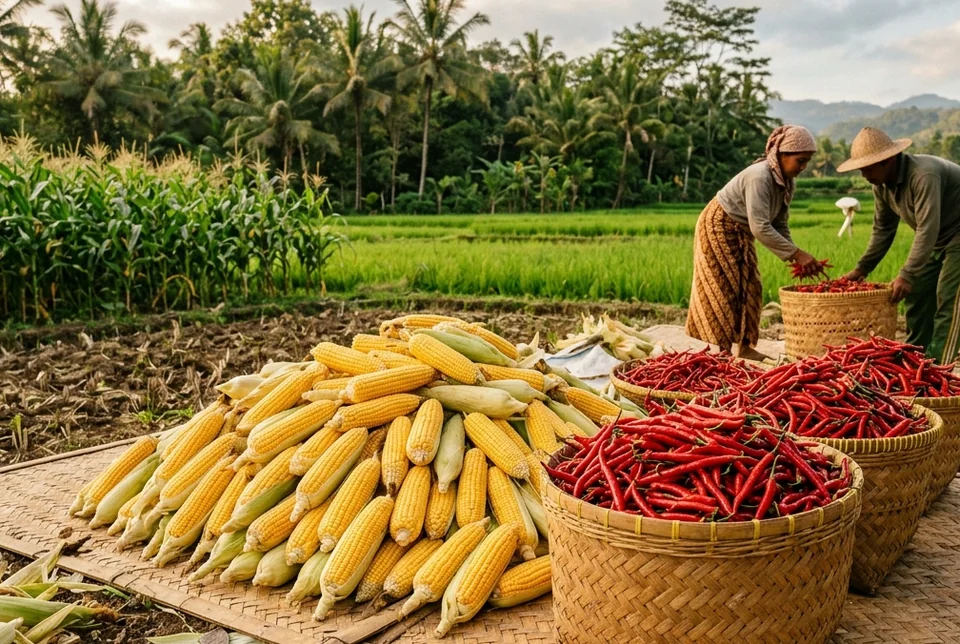 Buah cabai merah mulus mengkilap bebas patek dan tongkol jagung besar padat