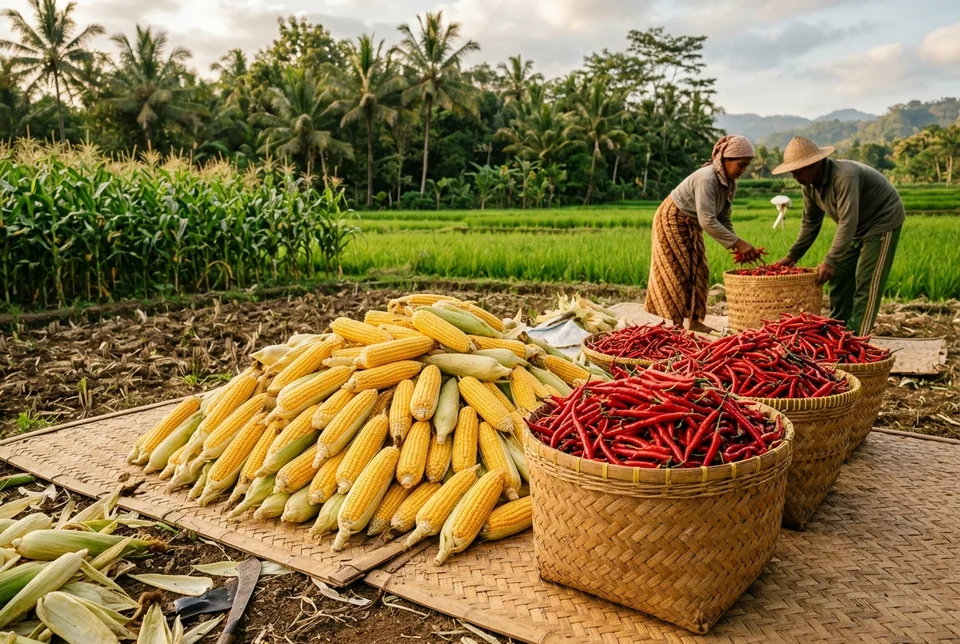 Hasil panen jagung tongkol besar padat bebas bulai dan cabai mulus