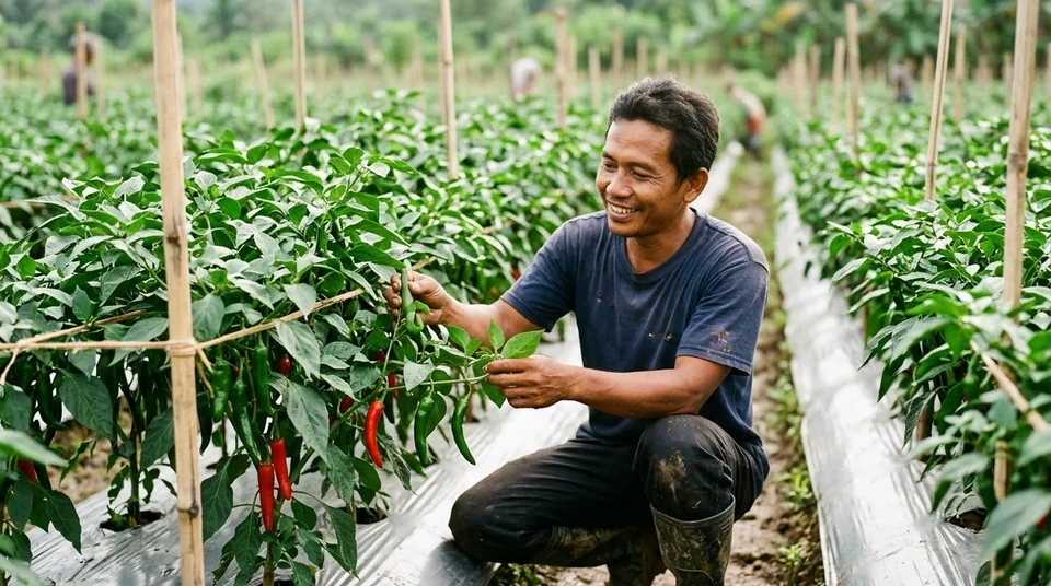 Dokumentasi petani Sumsel menunjukkan tanaman cabai 40 HST tahan keriting dan bebas patek berkat KOJIEN