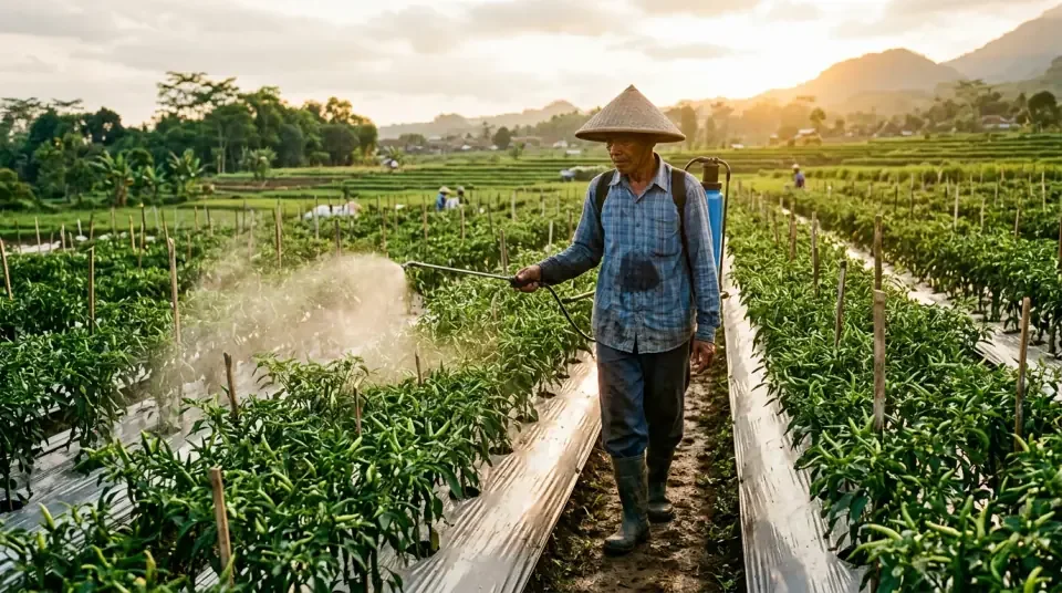 Petani menyemprotkan kabut halus Bensu pada pagi hari untuk mencuci residu obat