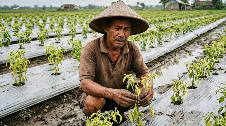 Pucuk tanaman cabai mengkerut macet seperti bonsai dan bunga rontok karena herbisida