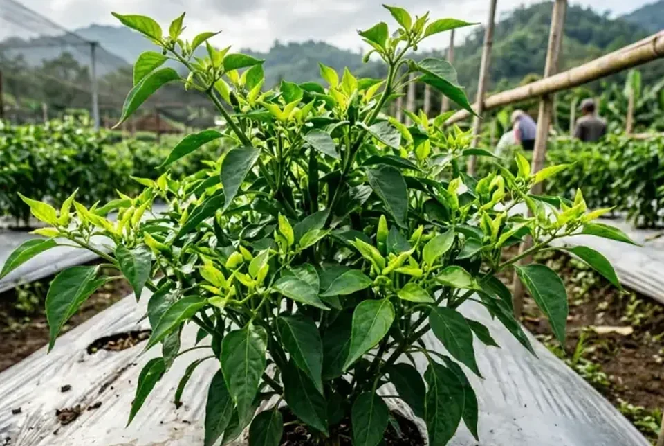 Daun cabai kembali lentur hijau segar berembun setelah disemprot Bensu