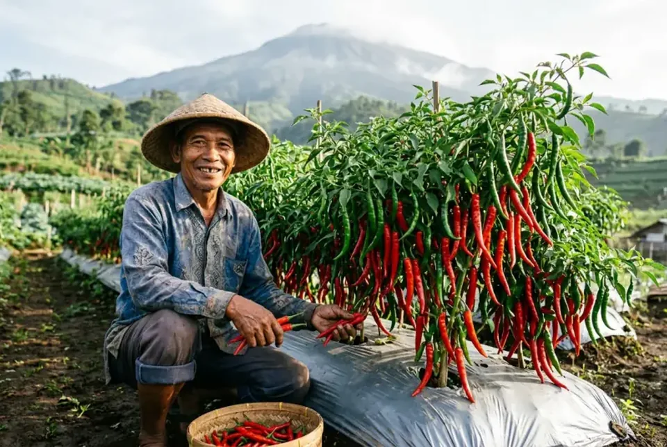 Hasil panen cabai merah melimpah dari kebun yang berhasil diselamatkan dengan Bensu