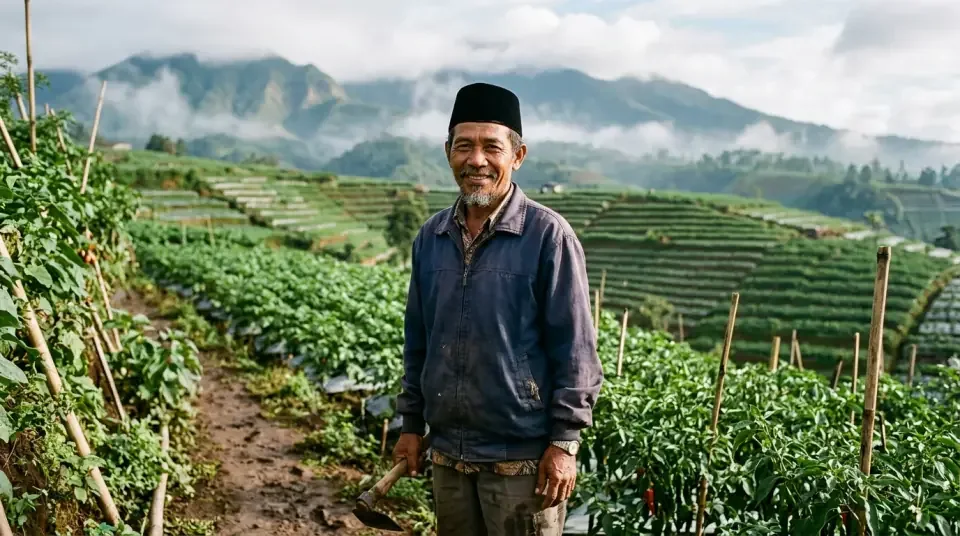 Pak Rohidin di Brebes menunjukkan daun bawang merah yang kembali tegak hijau