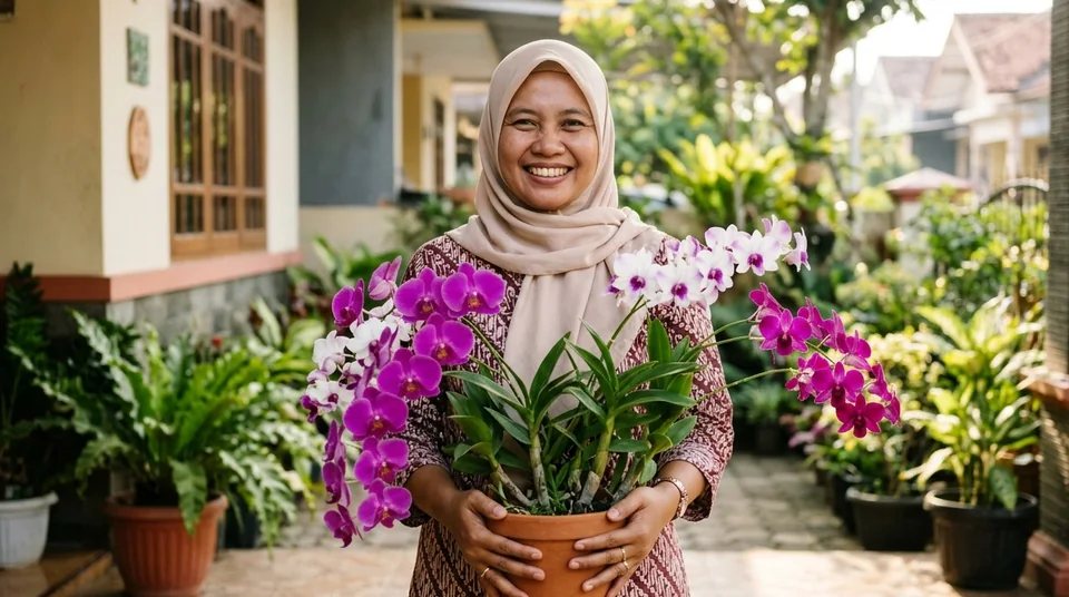 Dokumentasi Ibu Ulfah Futri dengan koleksi anggrek mekar lebat di halaman rumah setelah pakai SARATOGA