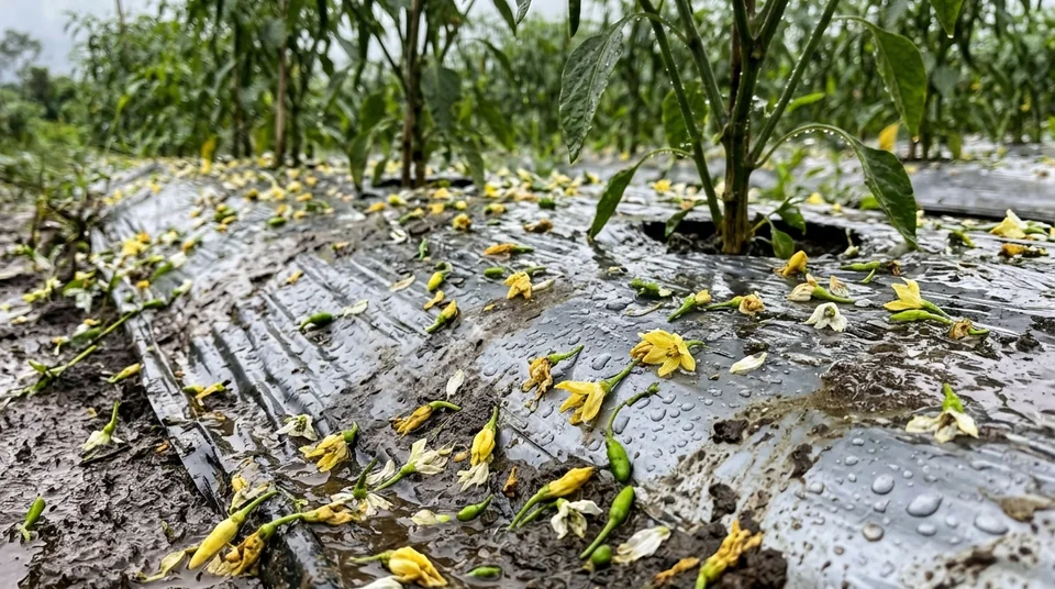 Bunga dan pentil buah gugur berserakan di atas tanah dan mulsa saat hujan angin cuaca ekstrem