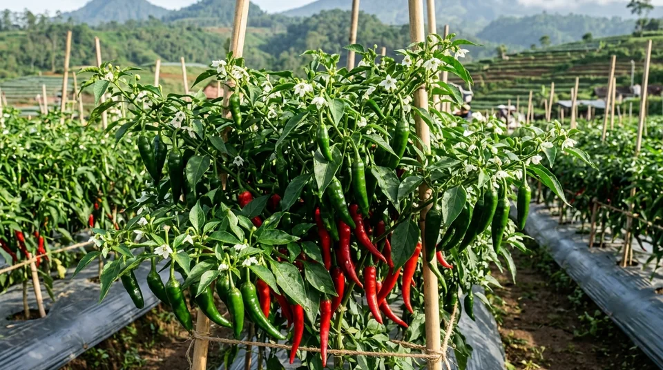 Kondisi tanaman cabai dan buah lebat setiap ketukan cabang mengikat pentil bernas dengan SARATOGA
