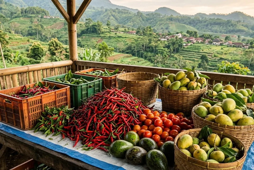 Buah cabai dan tomat padat bernas mengkilap berbobot berat hasil panen SARATOGA