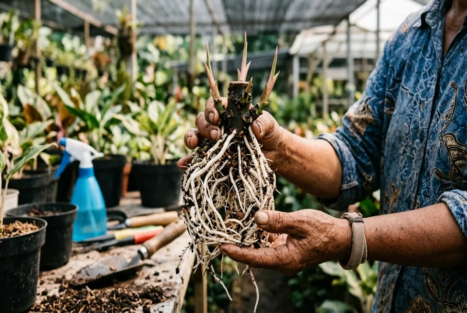 Pot cacah bonggol Aglonema keluar akar putih gondrong dan 3-4 mata tunas jarum merah muda sehat