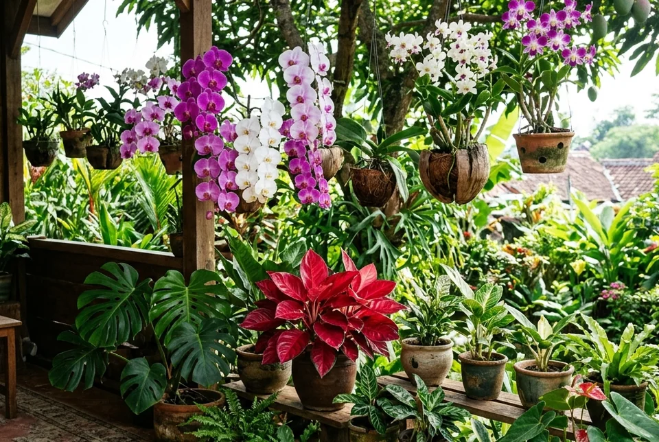 Koleksi Aglonema merah merona dan Monstera daun belah mengkilap tanpa bercak