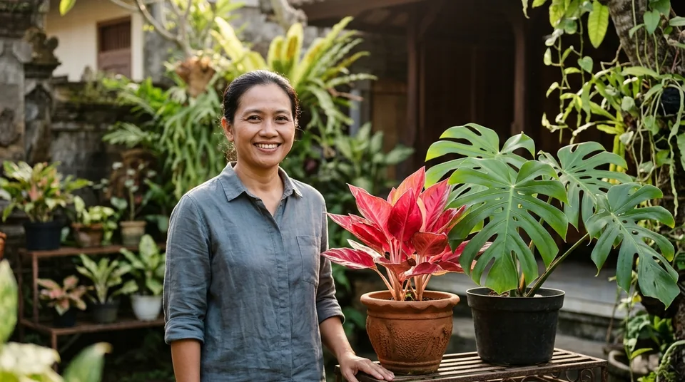 Mas Hendra penangkar Aglonema di Bogor memegang pot Aglonema Suksom dan Khanza daun merah menyala